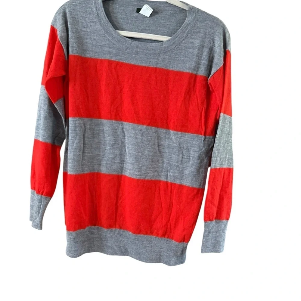 J. Crew Red and Gray Striped Crew Neck Sweater